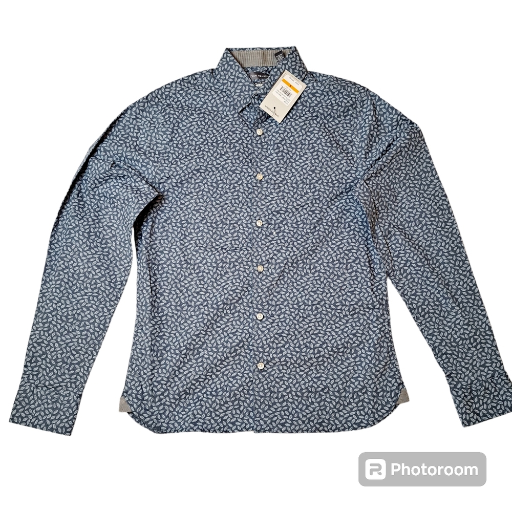 Van Heusen Men's Long Sleeve Leaf Print Slim Fit Gray Dress Shirt Size Small